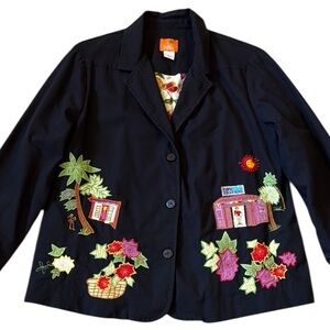 Hearts of Palm Black Embroidered Jacket Tropical Floral Boho Button Up Cotton 14